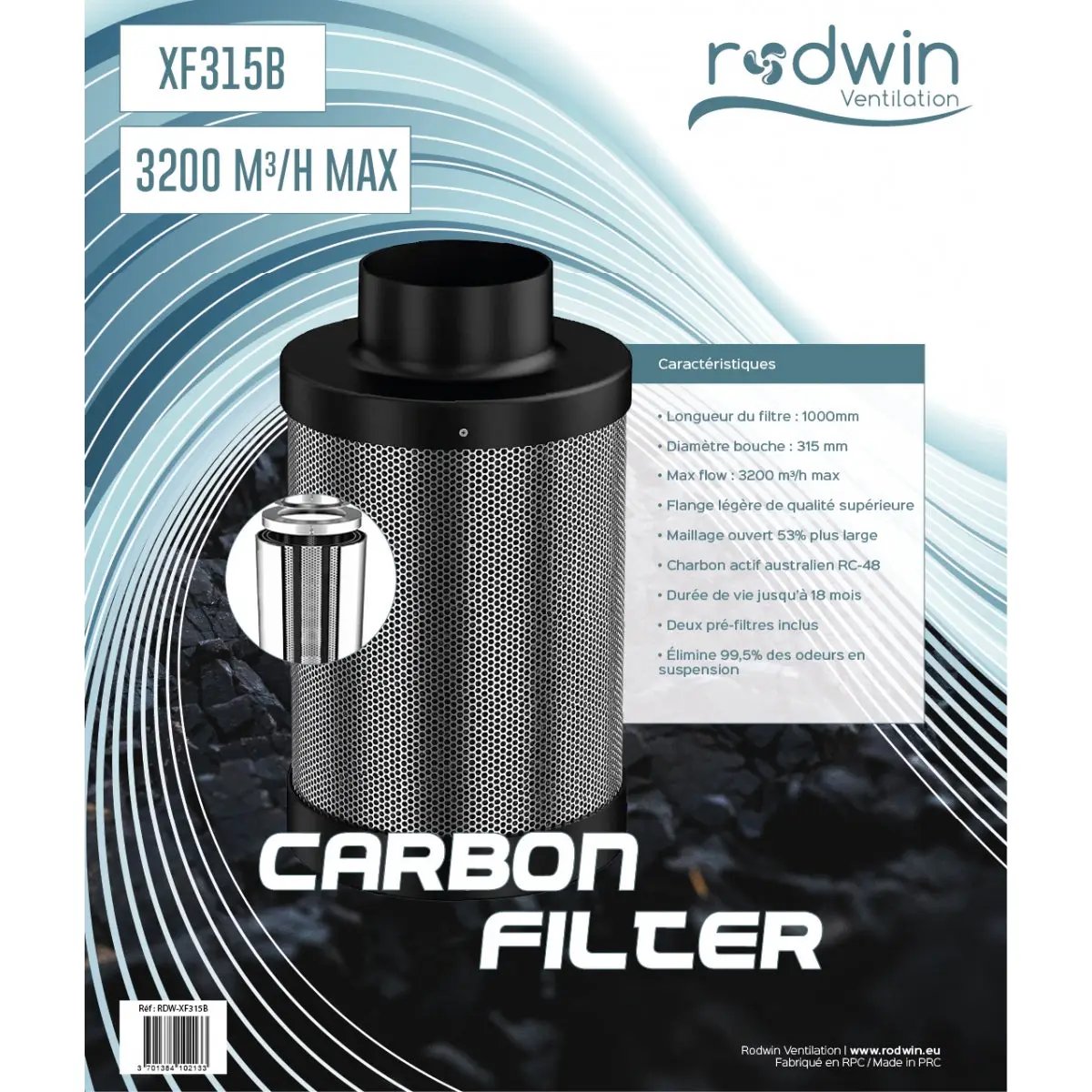 Filtre à charbon pour culture indoor Rodwin 315mm - 3200m3/h