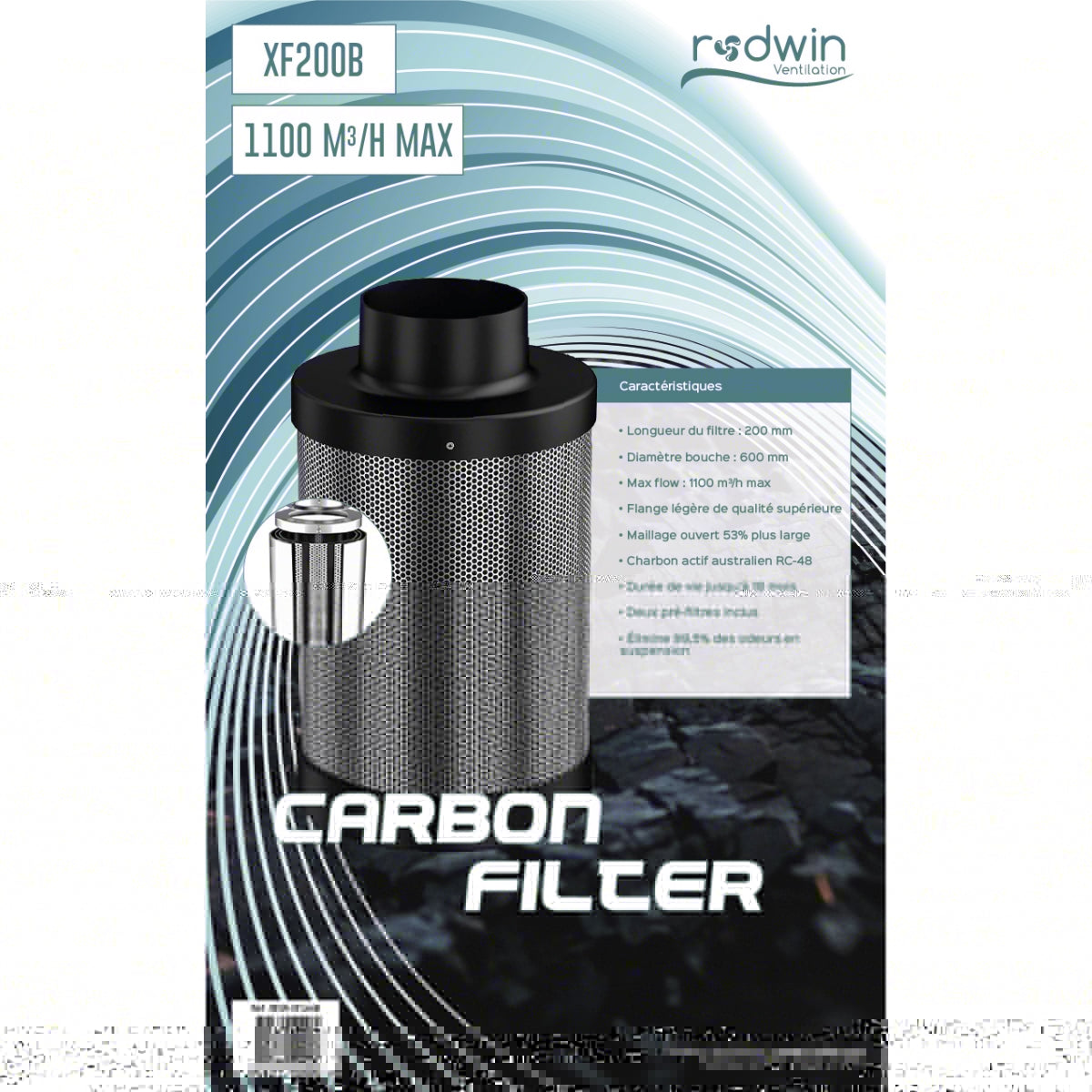 Filtre à charbon pour culture indoor Rodwin 200mm - 1100m3/h